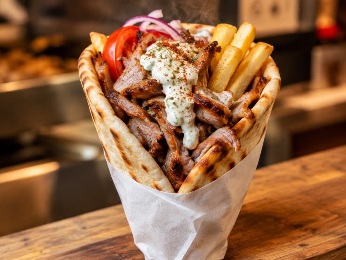 Une pitta grecque roulée dans son papier, garnie de gyros grillé, frites, tomate, oignon rouge et tzatziki